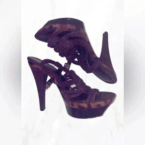 BCBG generation platform strappy leopard brown suede braided leather heel 8